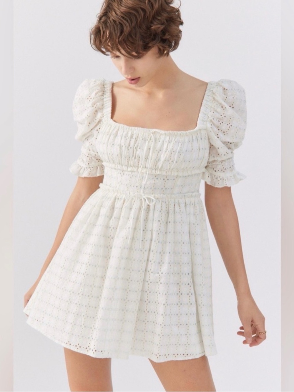 For Love and Lemons White Eyelet Puff-Sleeve Mini Dress